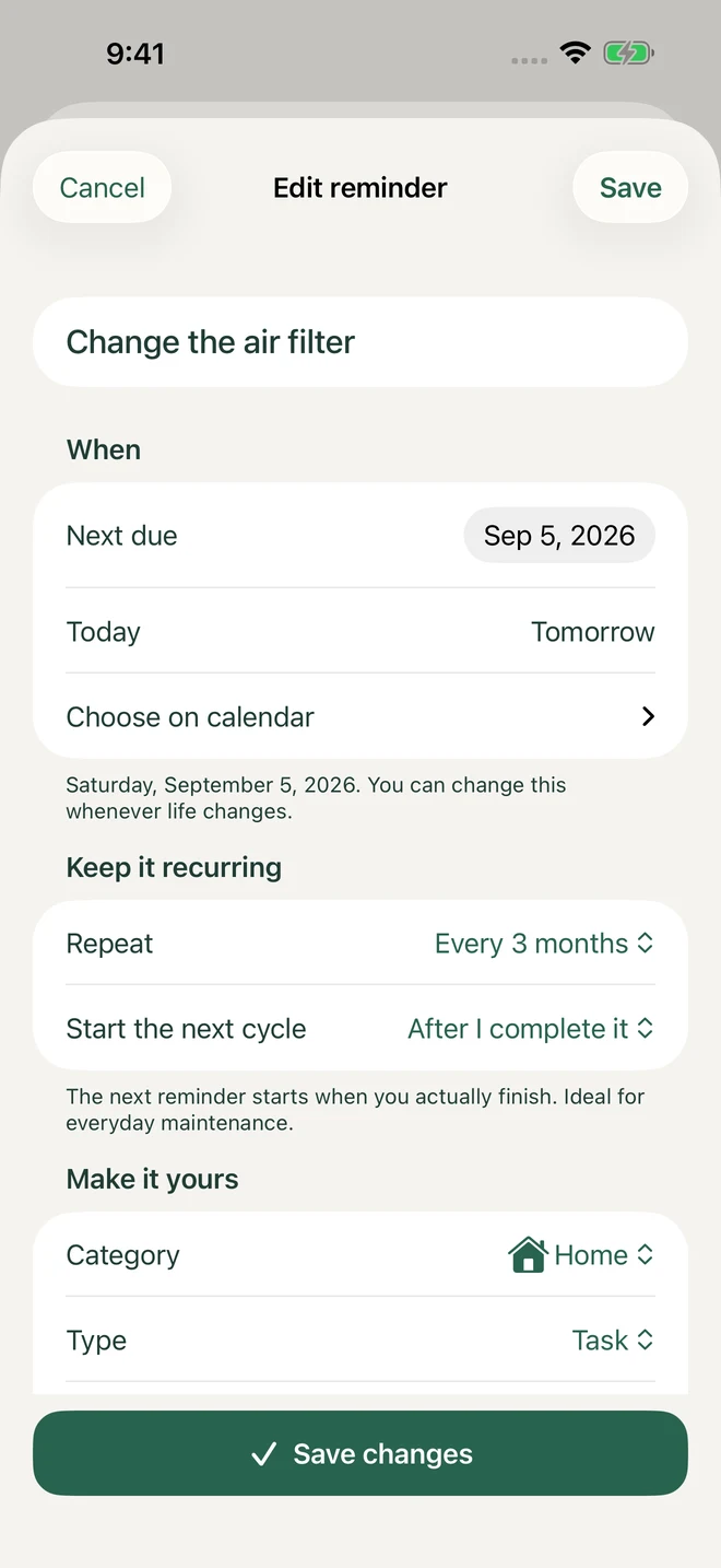 Edit reminder with a clearly labeled Next due date and repeat settings.