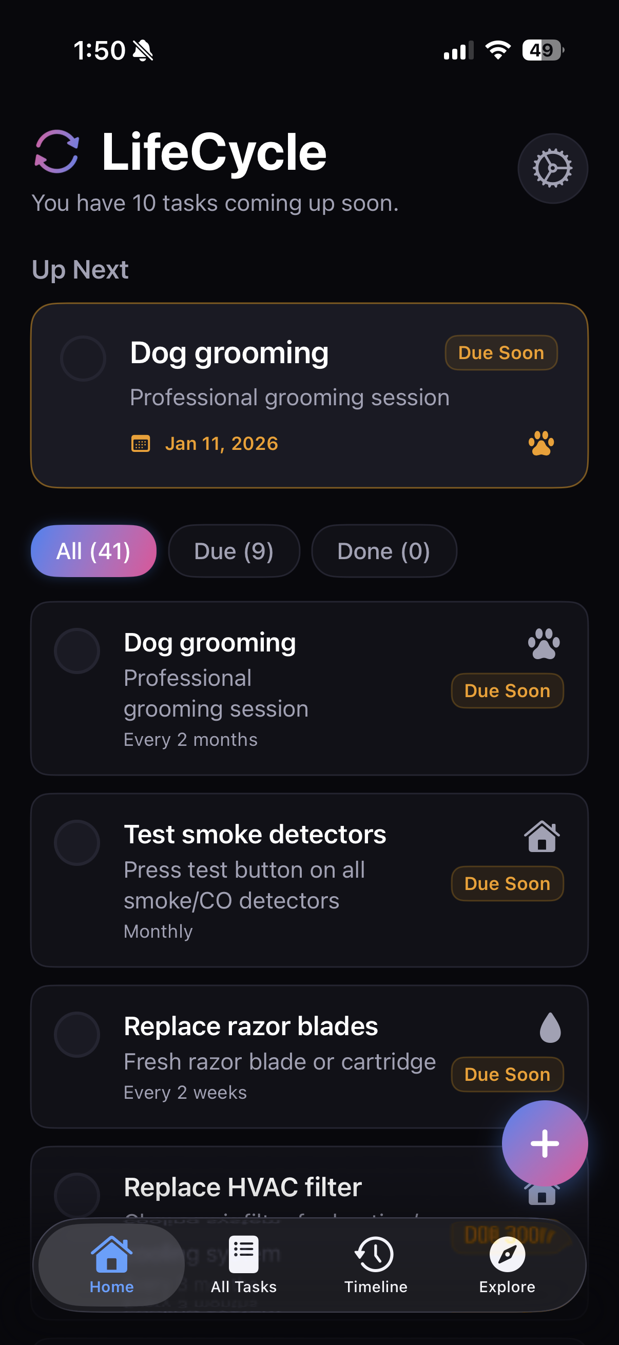 LifeCycle Dashboard showing upcoming tasks