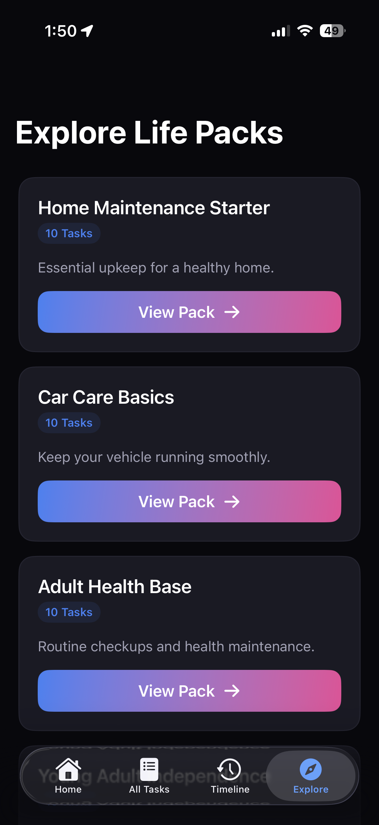 LifeCycle Explore page showing Life Packs