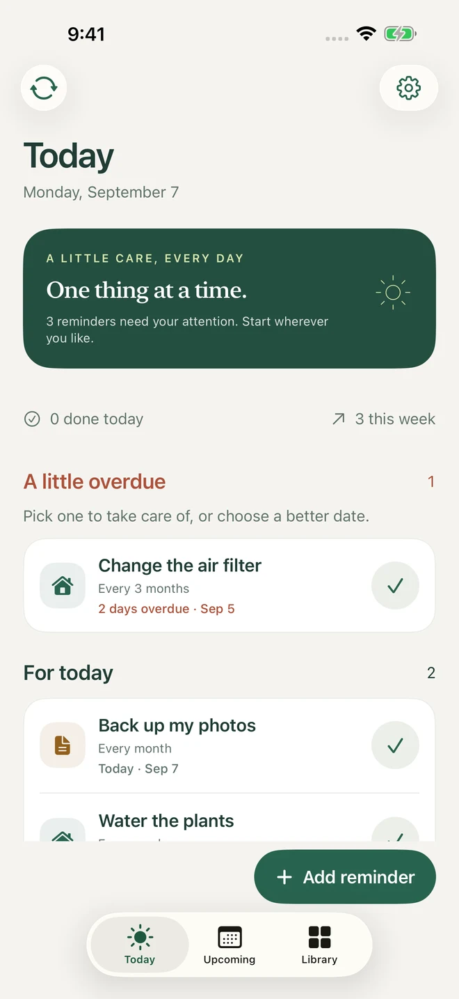 Today: overdue and due-today reminders, with a checkmark to complete each one.